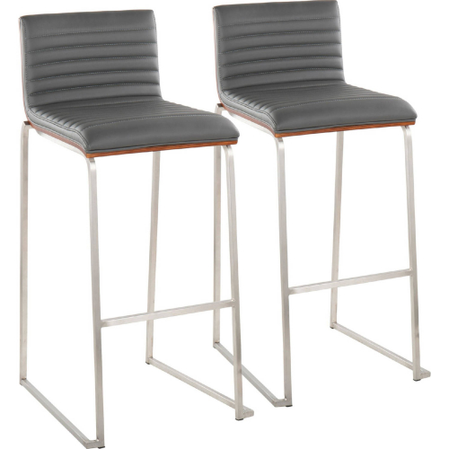 Mason Mara 30" Bar Stool in Stainless Steel, Walnut Wood & Grey Leatherette (Set of 2)
